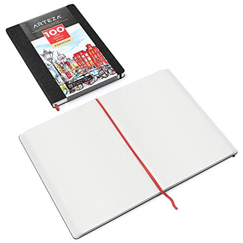 Arteza 8.3x11.7 Inch Sketch Book, Pack of 2, 100 Pages per Pad, 118lb/175gsm, Hardcover Journals with Bookmark Ribbon, Expandable Inner Pocket, and