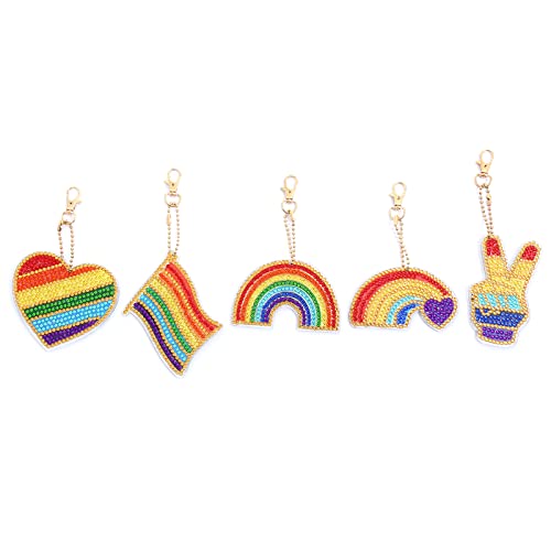 MWOOT 5Pcs 5D DIY LGBT Rainbow Diamond Art Painting Keychain Kit, Double Sided Full Drill Rhinestone Painting Key Ring Pendant for Kids Adults - WoodArtSupply