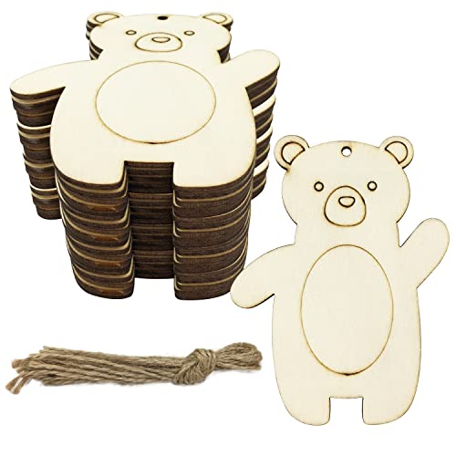 30pcs Bear Wood DIY Crafts Cutouts Blank Wooden Bear Shaped Hanging Ornaments with Hole Hemp Ropes Gift Tags for Kid's DIY Projects Christmas Party - WoodArtSupply