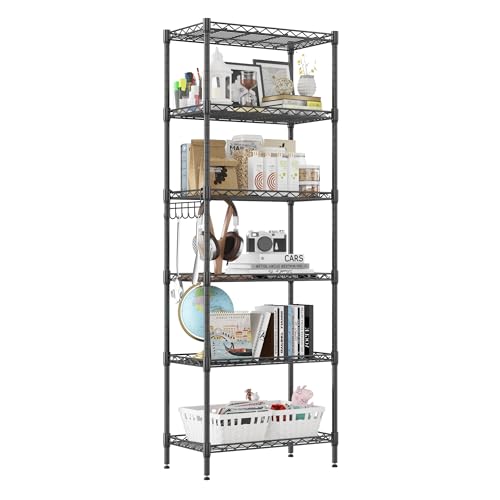 Homdox 6-Tier Storage Shelf Wire Shelving Unit Free Standing Rack Organization Adjustable Leveling Feet, Stainless Side Hooks, Black Homdox