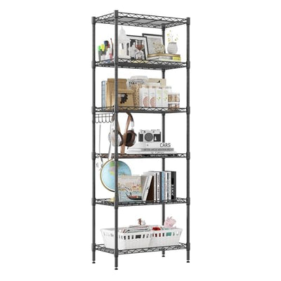 Homdox 6-Tier Storage Shelf Wire Shelving Unit Free Standing Rack Organization Adjustable Leveling Feet, Stainless Side Hooks, Black
