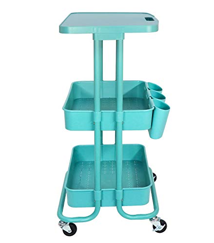 Asunflower 3 Tier Rolling Cart with Table Top, Utility Cart with Wheels, Multi-functional Storage Cart for Teal - WoodArtSupply