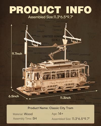 RoWood 3D Wooden Puzzles for Adults DIY Mechanical Tram Model Kit 3D Puzzles for Adults Wood Model Building Kit Model Kits Assembly Wooden Puzzles