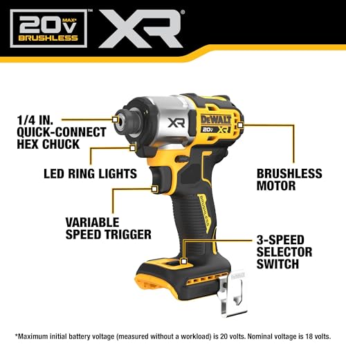 DEWALT 20V MAX XR Impact Driver, Brushless, 1/4", 3-Speed, Bare Tool Only (DCF845B), Yellow, Black - WoodArtSupply