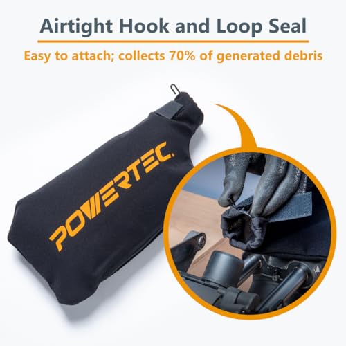 POWERTEC 75075 Miter Saw Dust Bag fits Nominal 2.5" Dust Ports, Expands to 2.687", Hook and Loop Dust Collector Bag with Zipper and Wired Adjustable POWERTEC