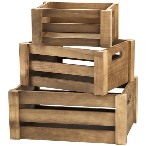 Lawei Set of 3 Wood Nesting Storage Crates with Handle, Rustic Decorative Wooden Crates Distressed Crates Storage Container for Storage Display - WoodArtSupply