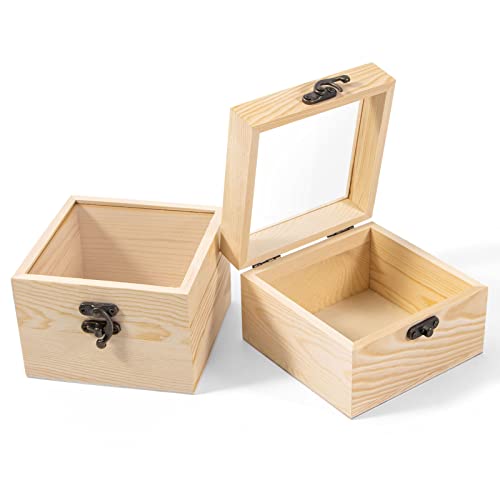Useekoo 2Pcs Small Wooden Box with Hinged Lid, 4.7'' x 4.7'' x 3.1'' Unfinished Wood Box with Glass Lid, Small Wooden Jewelry Box for Gift, Home