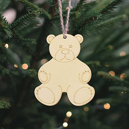 20pcs Bear Wood DIY Crafts Cutouts Wooden Bear Shaped Hanging Ornaments with Hole Hemp Ropes Gift Tags for DIY Projects Birthday Christmas Party