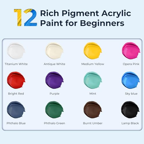 Ohuhu Acrylic Paint Set for Kids -18 Page Pad & Online Video Tutorial Series : 6 Brushes 3 Paint Canvases 1 Sponge and 12 Vivid Colors for Beginners