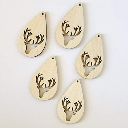 ALL SIZES BULK (12pc to 100pc) Unfinished Wood Laser Cutout Deer Buck Stag Head Dangle Earring Jewelry Blanks Shape Ornaments Crafts Made in Texas