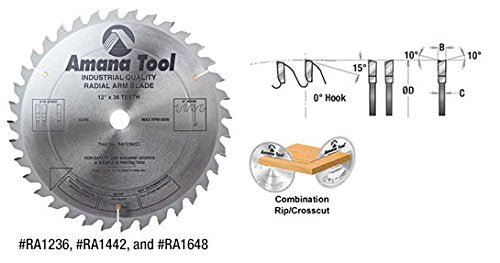 Amana Tool - RA1236 Carbide Tipped Radial Arm 12" Dia x 36T ATB, 0 Deg, 1" Bore Ci Amana Tool
