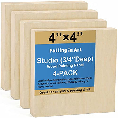 Falling in Art Unfinished Birch Wood Panels Kit for Painting, Wooden Canvas 4 Pack of 4x4’’ Studio 3/4’’ Deep, Cradle Boards for Pouring, Art, - WoodArtSupply