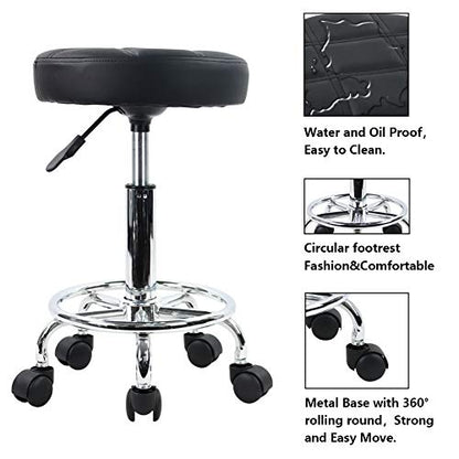 KKTONER Round Rolling Stool Chair PU Leather Height Adjustable Swivel Drafting Work SPA Shop Salon Stools with Wheels Office Chair Small (Black) - WoodArtSupply