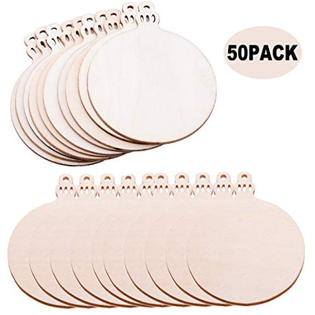 Pack of 50 Wooden Crafts to Paint 2.75 inch Christmas Tree Hanging Ornaments Unfinished Wood Cutouts Christmas Decoration DIY Crafts (Wooden Round malyunin