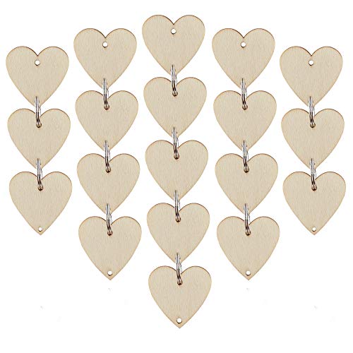 200 Piece Mini Wood Craft Set with Holes and Ring Clips for Birthday Board Tags, Homemade Valentines DIY Gifts, Arts & Crafts (50 Hearts and 50