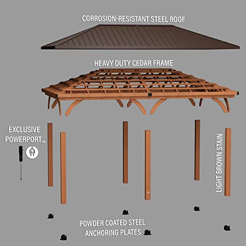 Backyard Discovery Barrington 20 ft. x 12 ft. All Cedar Wood Carport Pavilion Gazebo, Shade, Rain, Hard Top Steel Metal Roof, All Weather Protected, Backyard Discovery