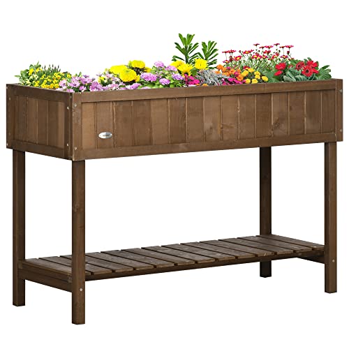 Outsunny Raised Garden Bed with 8 Pockets and Shelf, Wooden Elevated Planter Box with Legs to Grow Herbs, Vegetables, and Flowers, Dark Brown - WoodArtSupply