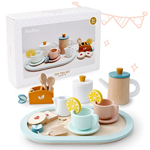 PairPear Wooden Tea Set for Little Girls, Wooden Toys Toddler Tea Set Play Kitchen Accessories for Kids Tea Party with Play Food. PairPear