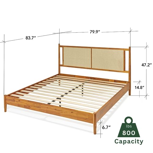 Bme Oliver 15 Inch Acacia Wood Bed Frame with Handcrafted Rattan Headboard - Bohemian & Mid Century Charm, No Box Spring Needed Bme