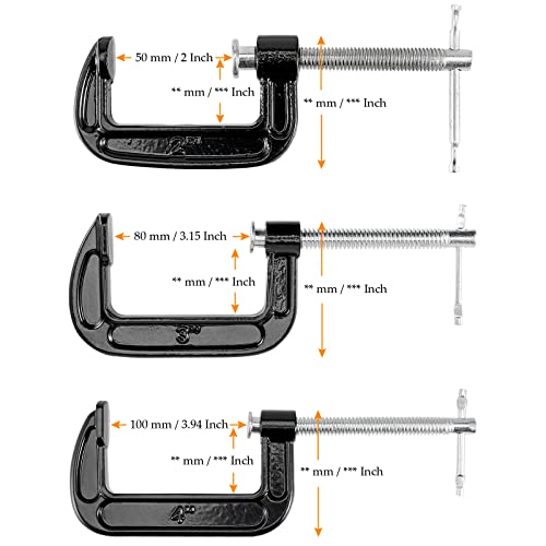 MUKCHAP 6 PCS 3 Size C-clamp Set, 2" 3" 4" Small C Clamps, Mini G Clamps for Woodworking or Metal Workpiece, Black MUKCHAP
