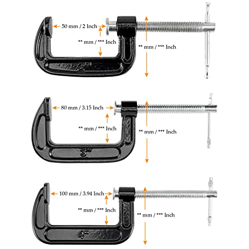 MUKCHAP 6 PCS 3 Size C-clamp Set, 2" 3" 4" Small C Clamps, Mini G Clamps for Woodworking or Metal Workpiece, Black