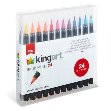 KINGART Pro Brush Pens, 24 Colors for Real Watercolor Painting with Flexible Nylon Brush Tips, Paint Markers for Coloring, Calligraphy and Drawing KINGART