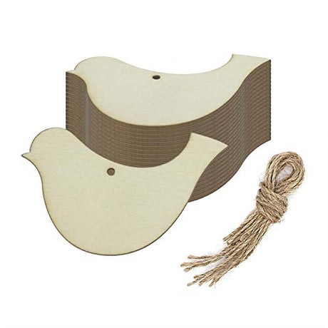 Bird Shaped Wood DIY Craft Cutout Hanging Ornaments with Hole Hemp Ropes Gift Tag for Wedding Birthday Christmas Decoration (3.8x2.4 in, 20 Pcs) Creaides
