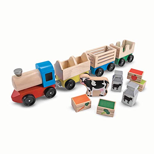 Melissa & Doug Wooden Farm Train Set - Classic Wooden Toy (3 linking cars) - WoodArtSupply