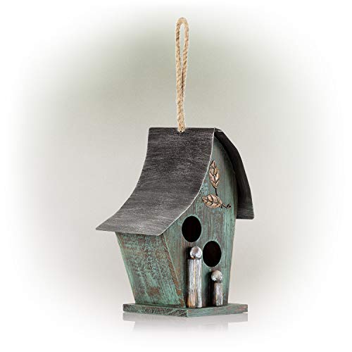 Alpine Corporation YEN134HH-TUR Wooden Birdhouse Outdoor Decor for Garden, Patio, Deck, Porch, 8"L x 6"W x 12"H with Rope: 21”H, Turquoise Alpine Corporation