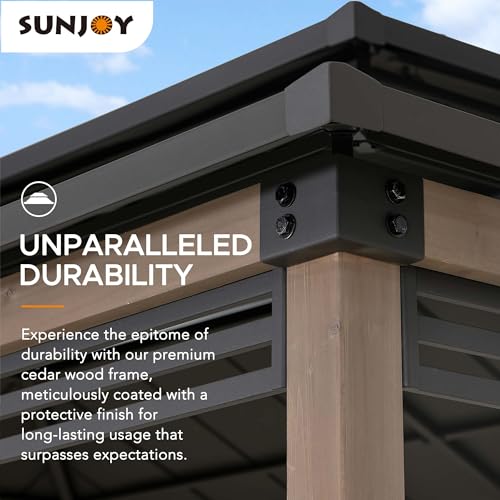 Sunjoy Wooden Grill Gazebo with AC Power Port, 8 x 12 ft. Steel Hardtop Outdoor Gazebo for Year-Round Grilling, Cedar Framed Gazebo with Built-in Sunjoy