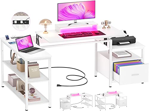 Aheaplus L Shaped Desk with Power Outlet, Standing Home Office Desk with Lift Top and File Drawer, 63'' Corner Computer Desk with Monitor