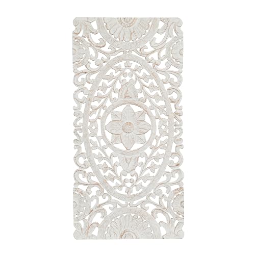 Deco 79 Wooden Floral Handmade Intricately Carved Wall Decor with Copper Accents, 24" x 1" x 48", White - WoodArtSupply