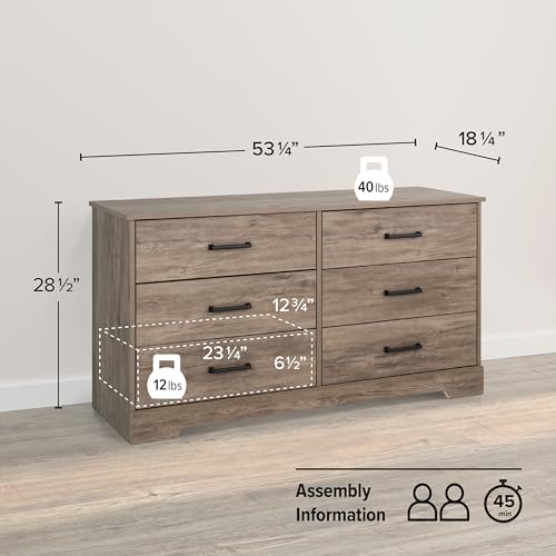 Prepac Six Drawer Dresser, 18.25in x 53.25in x 28.5in, Rustic Brown - WoodArtSupply