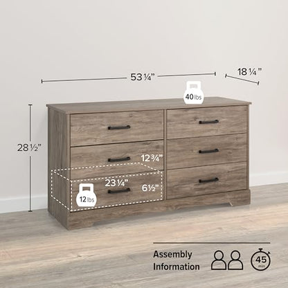 Prepac Six Drawer Dresser, 18.25in x 53.25in x 28.5in, Rustic Brown - WoodArtSupply