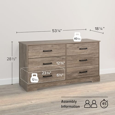 Prepac Six Drawer Dresser, 18.25in x 53.25in x 28.5in, Rustic Brown Prepac