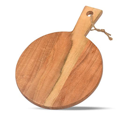 Samhita Round Acacia Wood Cutting Board with Handle for Chopping and Serving Charcuterie, Cheese, Pizza, Bread - Wall Décor (13" X 9" X 0.75")