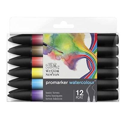 Winsor & Newton ProMarker Watercolor Marker Set, 12 Count, Basic Tones - WoodArtSupply