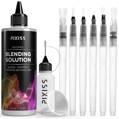 Alcohol Ink Blending Solution (4oz) and Water Brush Pen (6pk) - Watercolor Blending Brush Pens for Alcohol Ink Painting with Various Tips with