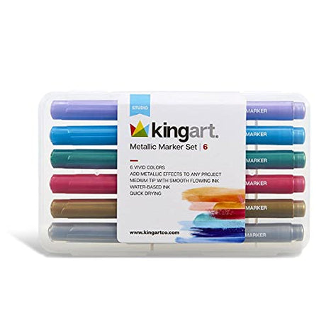 KINGART 6 Pc. Metallic Marker Set, Medium Tip, Set of 6 Brilliant Metallic Colors with Travel Storage Case KINGART