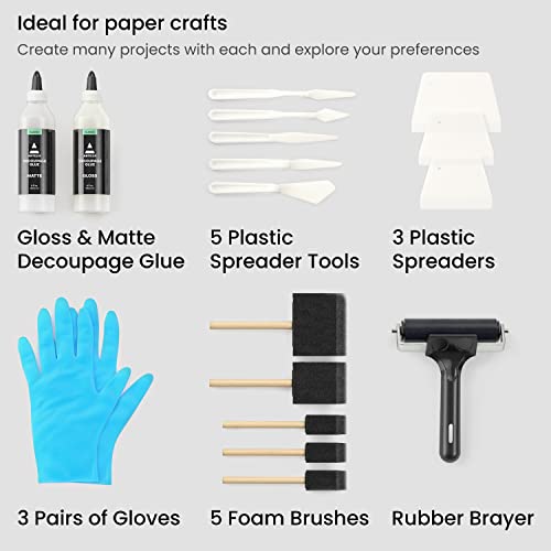 Arteza Decoupage Glue Craft Kit, 1 Gloss-Finish Glue and 1 Matte-Finish Glue, 8-oz Bottles, Foam Brushes, Plastic Spreader Tools, Gloves, Art - WoodArtSupply