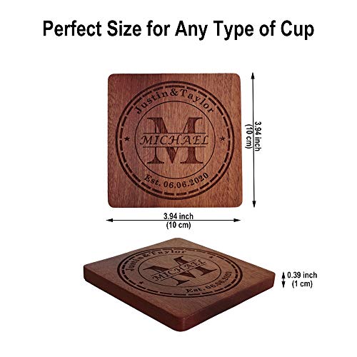 Personalized Coasters, Custom Engraved Wood Coasters for Drinks, Monogram Coasters with Holder, Wedding Gifts, Parents Gifts (M) Mojia