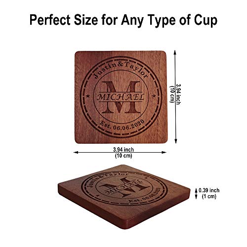 Personalized Coasters, Custom Engraved Wood Coasters for Drinks, Monogram Coasters with Holder, Wedding Gifts, Parents Gifts (M) - WoodArtSupply