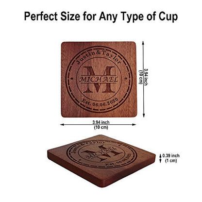 Personalized Coasters, Custom Engraved Wood Coasters for Drinks, Monogram Coasters with Holder, Wedding Gifts, Parents Gifts (M) - WoodArtSupply