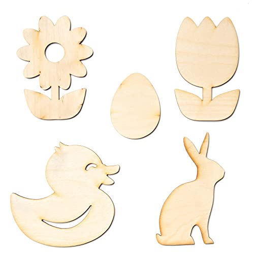 Pack of 15 Unfinished Wood Assorted Springtime Cutouts by Factory Direct Craft - Bunnies, Ducks, Eggs and Flowers Wooden DIY Shapes for Scouts, Factory Direct Craft