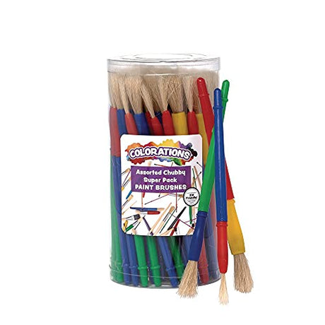 Colorations® Assorted Chubby Brush Super Pack, Set of 60, 3 different sizes, Plastic Paint brushes with Natural Bristles, Paint Brushes for Kids, Colorations