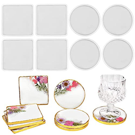RESINWORLD 8 Pack Thick 4 inches Resin Coaster Molds Set + 4 Pack Flower Coaster Molds ResinWorld