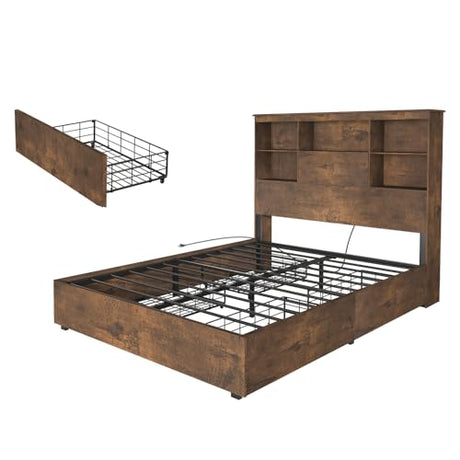AMERLIFE Rustic Brown Queen Size Wooden Platform Bed with LED Bookcase Headboard, Storage Drawers & Charging Station AMERLIFE