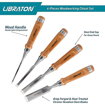 Libraton Woodworking Chisel Set, 4pcs Cr-V Wood Chisels Set, Professional Chisels with Leather Pouch for Carpenter, Christmas Gift for Man - WoodArtSupply