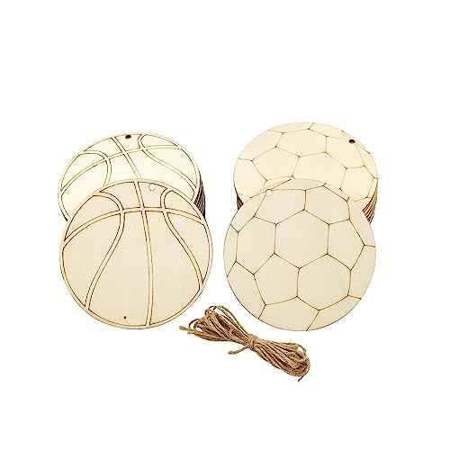 32 Pack Wood Soccer & Basketball Cutouts Soccer & Basketball Shaped Wood Slices Soccer & Basketball Theme Sports Hanging Ornaments Gift Tags for Home Party Decoration Craft Project
