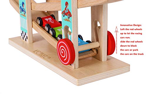 TOWO Pure Wooden Car Ramp - Zig Zag Car Slide Run with 4 Wooden Cars Playsets-Click Clack Track Wooden Car Toys for Toddlers -Racing Car Toys for Toys of Wood Oxford